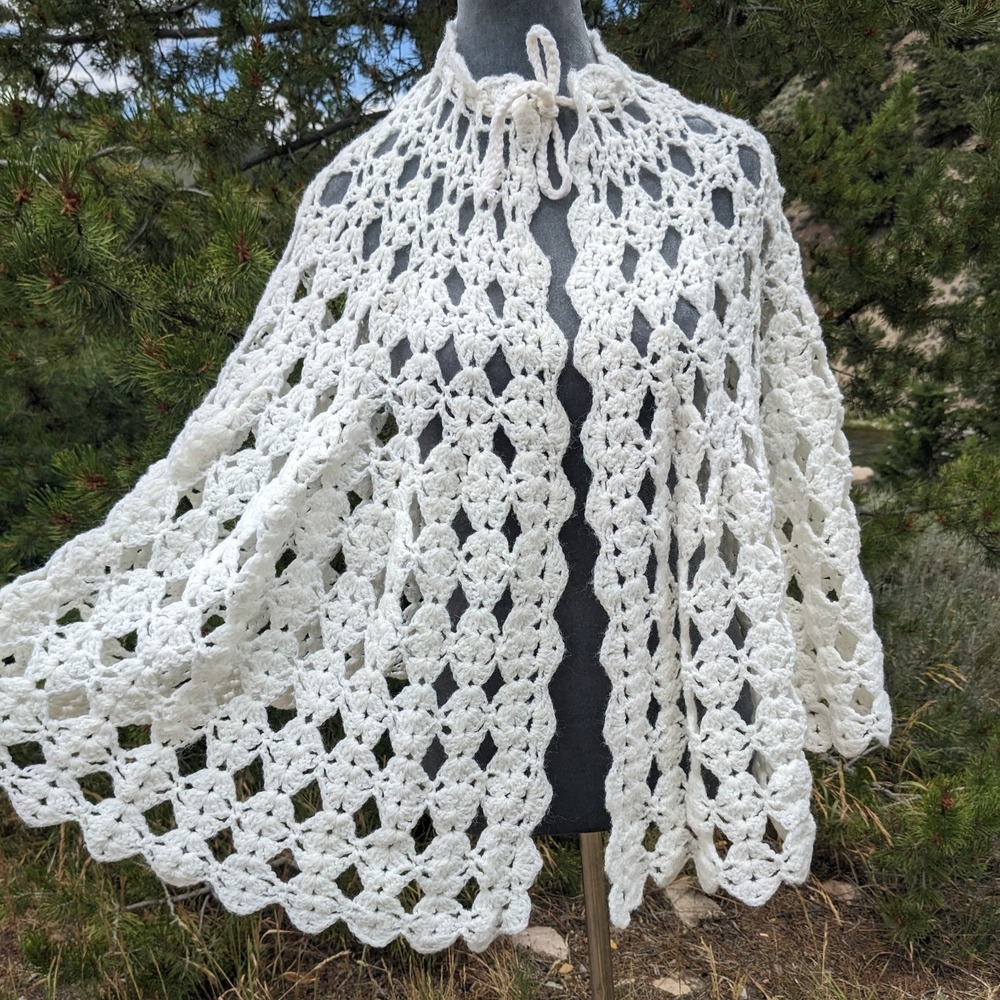 Vintage Handmade Crochet Poncho Cape White Cottagecore Shawl Open Knit Coquette